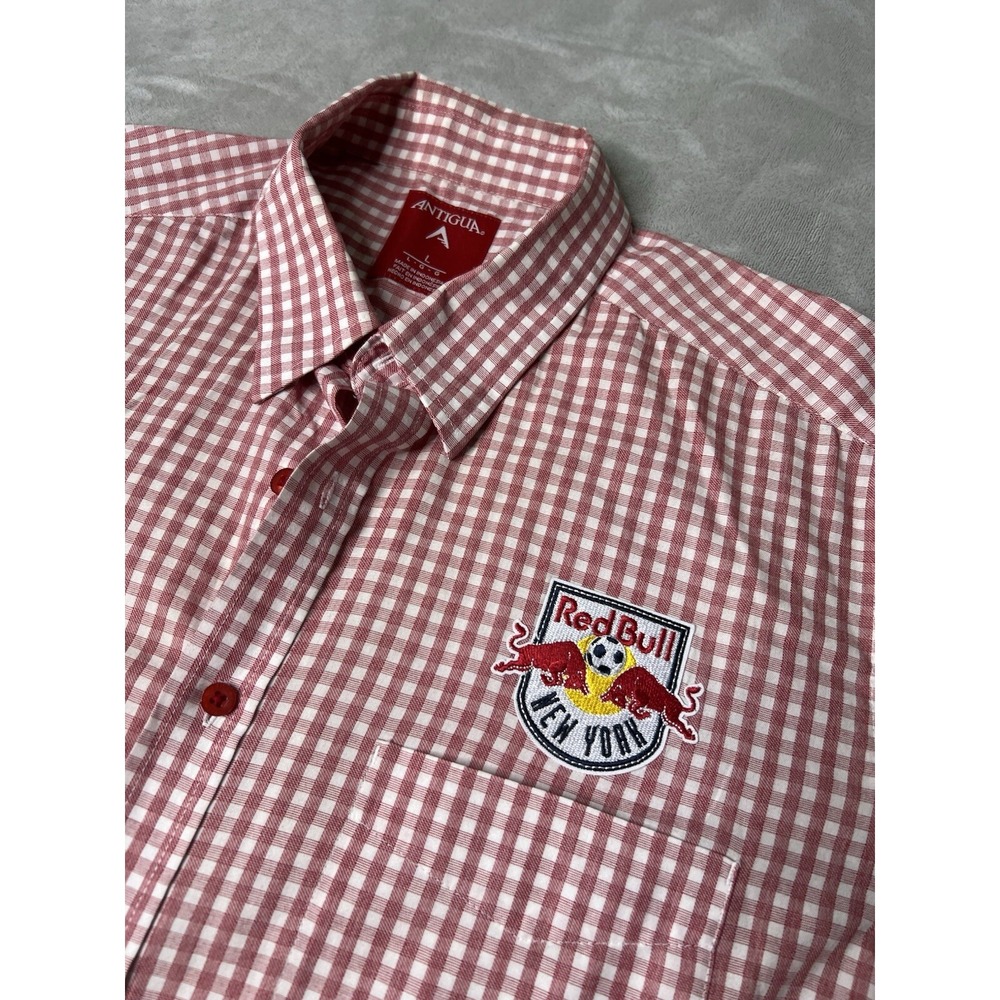 Antigua Men's Red Bull Embroidered Logo Size Large Botton Up Shirt Red &‎ White
